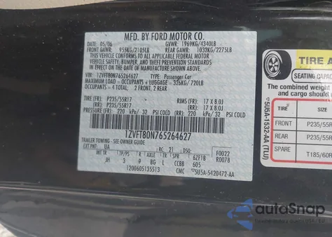 2006 Ford Mustang V6 z USA, uszkodzony, nr VIN 1ZVFT80N765264627